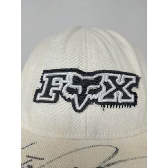 Fox Racing FlexFit Hat Embroidered Logo White SZ S/M Autographed Stains - Picture 3 of 11